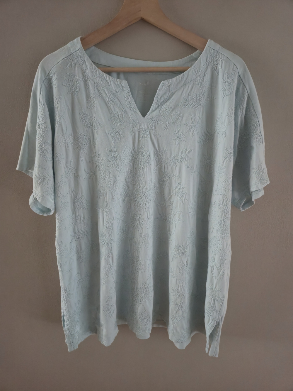 Pure Jill Embroidered Tunic Top Light Green Cotton Modal Split Neck Boho